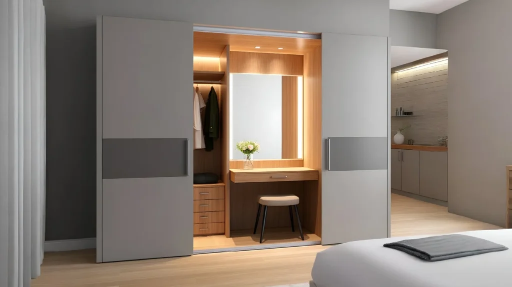 Modern bedroom with a wall to wall wardrobe dresser cabinet