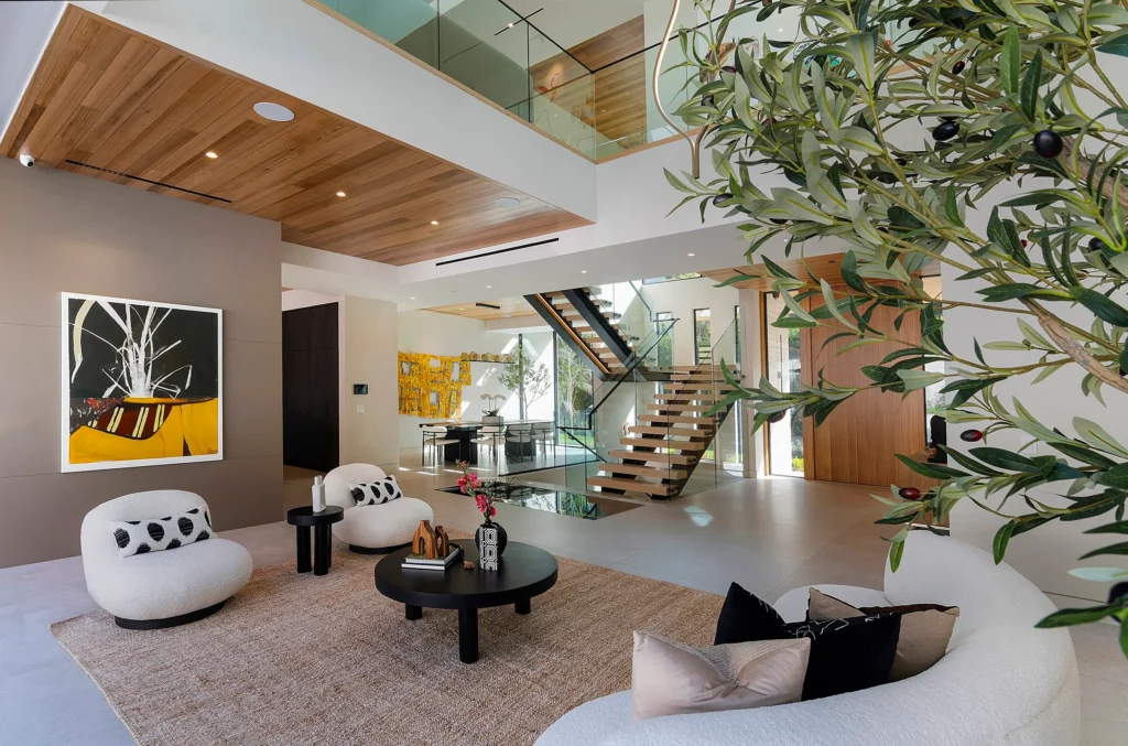 Modern house staircase in double height living room