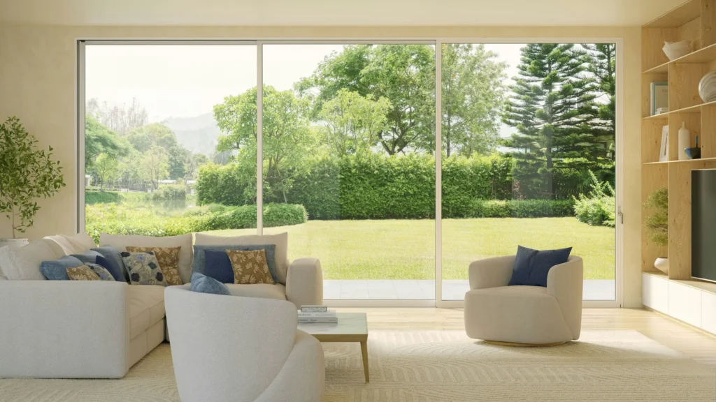 Modern living room with large sliding doors opening to a terrace