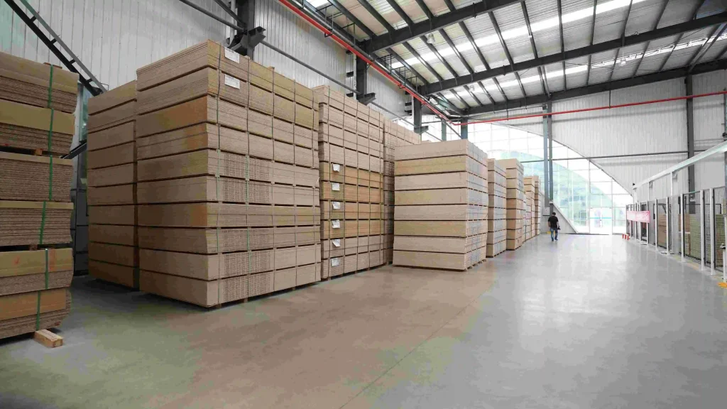 Packed and labeled kitchen cabinet modules in warehouse ready for export