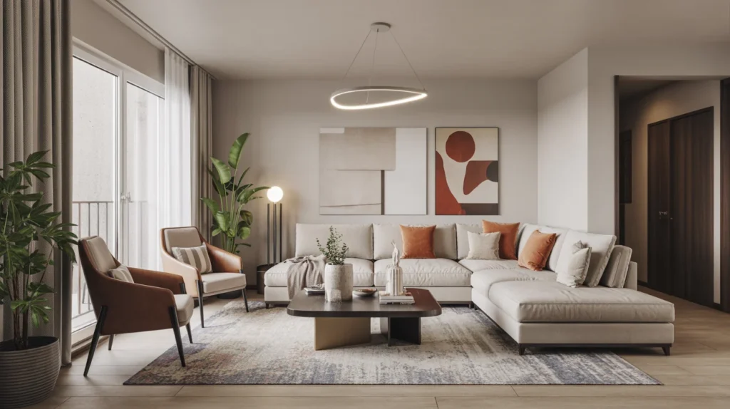 Serviced apartment living room with sofa coffee table and media unit