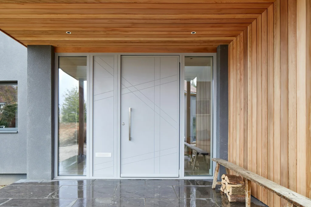 Solid wood doors with coordinated handles and matching wall panels