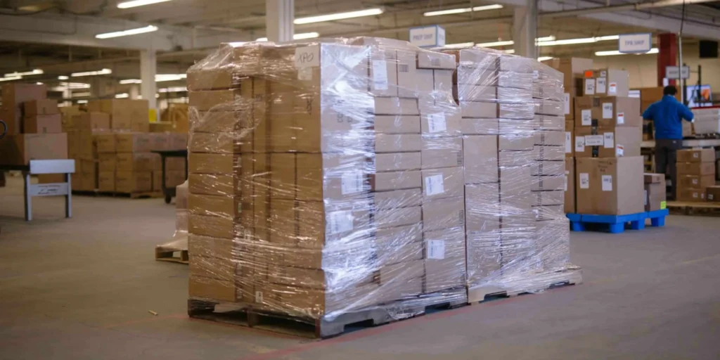 Warehouse with labeled furniture packages prepared for shipment